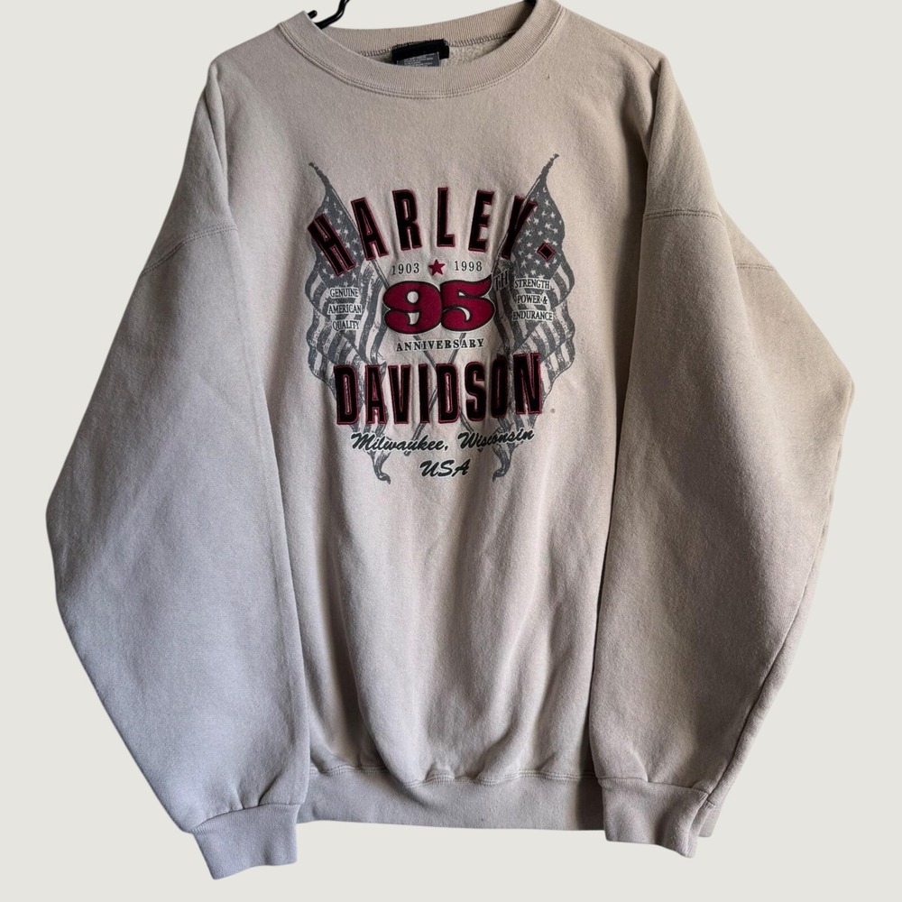 Harley Davidson Sweatshirt XL 95th Anniversary Graphic Cotton Crewneck Tan 1990s
